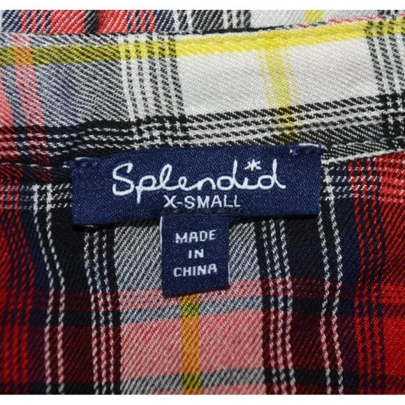 Splendid Red Plaid Edgeware Top Size XS Peplum Raw Hem Button Up Split Neck - Picture 6 of 10